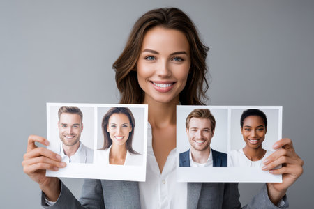 A woman smiles while showcasing printed photos of four individuals in a modern studio backdrop.の写真素材