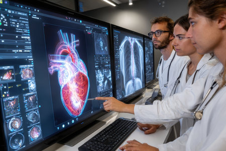 Three medical staff analyze detailed heart scans using high-tech monitors in a clinical setting.の写真素材