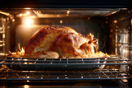 A golden brown turkey is roasting in a kitchen oven, filling the air with a savory aroma.の写真素材