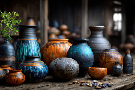 Handmade pottery in various colors and shapes arranged on a wooden table in a cozy workshop setting.の写真素材