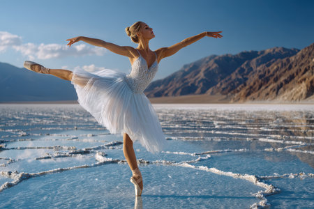 Ballerina showcases skill and grace while dancing on shimmering salt flats at sunset near mountains.の写真素材