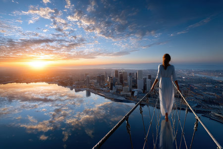 A woman in a flowing dress walks confidently on a slender bridge over water, enjoying a sunset view.の写真素材