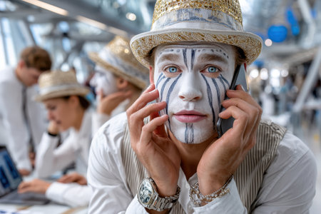 Performer with striking face paint engages with a phone while colleagues work focused in the background.の写真素材