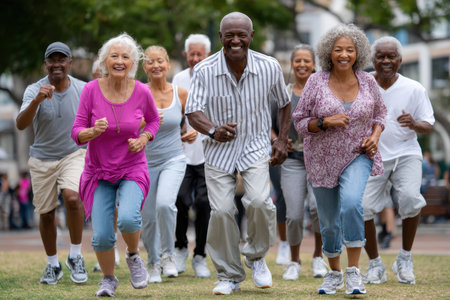A group of older adults enjoying a lively workout session in a park, smiling and running together happily.の写真素材