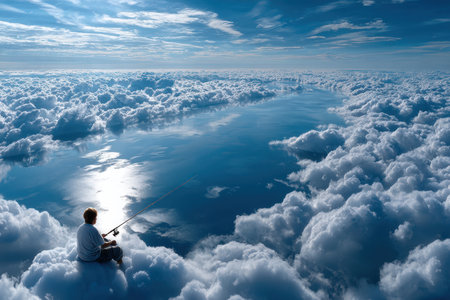 A person sits on fluffy clouds, fishing above a calm ocean, reflecting sunlight under a vast blue sky.の写真素材
