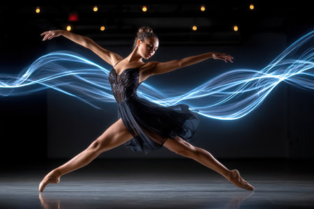 A ballerina executes a graceful split leap in a dark studio with light trailsの写真素材
