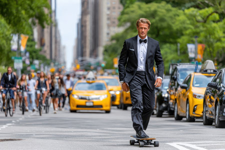A man in a tuxedo confidently skateboards down a bustling city street filled with taxis and people walking.の写真素材