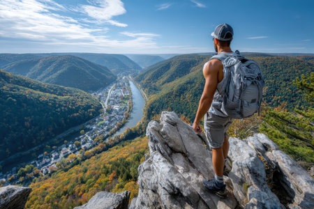 Hiker stands on a rocky outcrop overlooking a vibrant valley filled with colorful autumn leaves and a river.の写真素材