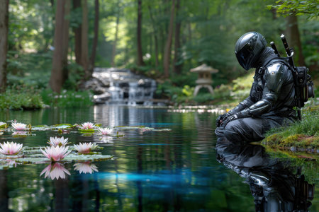 A mysterious figure in dark armor sits peacefully next to a serene pond filled with lotus flowers in a lush forest.の写真素材