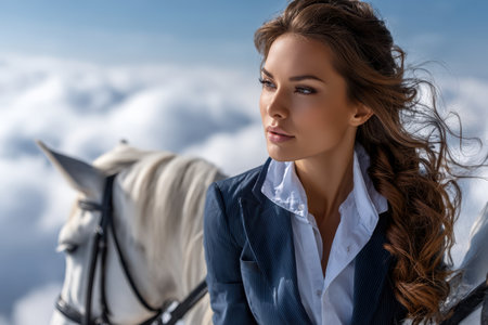 A confident woman in a tailored suit rides a majestic horse, overlooking soft white clouds on a sunny day.の写真素材