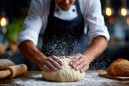 A skilled baker focuses on kneading dough on a wooden table in a cozy kitchen, surrounded by baking supplies.の写真素材