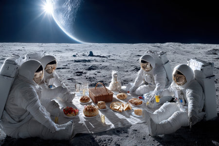A group of astronauts shares a picnic on the lunar surface while enjoying unique food under Earth's view.の写真素材