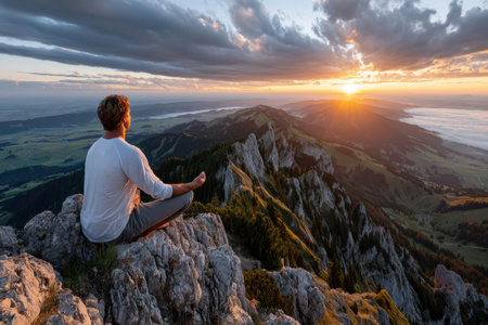A man meditates on a mountain peak at sunset overlooking a vast valleyの写真素材
