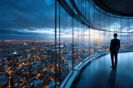 A business professional stands by a large window, admiring the city skyline at sunset while reflecting on the day.の写真素材