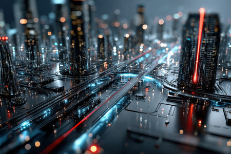 A futuristic cityscape at night with glowing lights and transportation infrastructureの写真素材