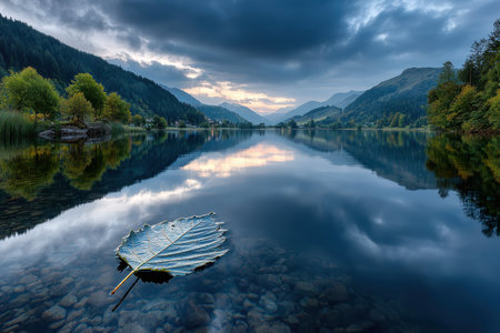 A single leaf floats on the still surface of a mountain lake reflecting the skyの写真素材