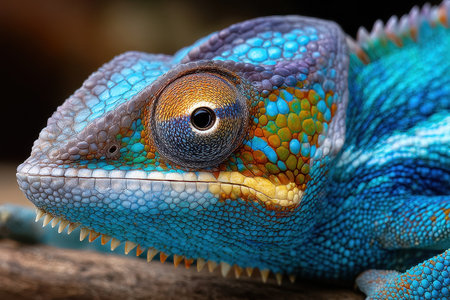Closeup of a vibrant blue chameleon head and eyeの写真素材
