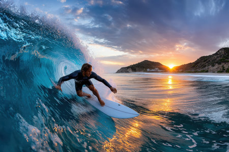 Surfer rides a wave at sunset in an ocean sceneの写真素材