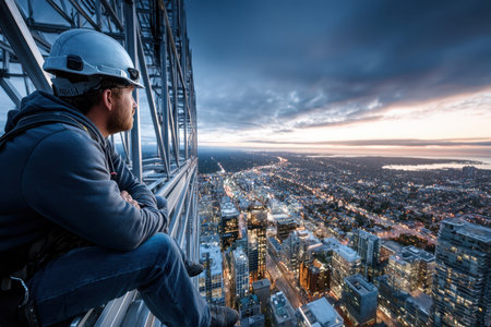 Construction worker sits high above a city at sunsetの写真素材