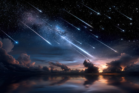 A meteor shower lights up the night sky over a calm, reflective sea at sunsetの写真素材