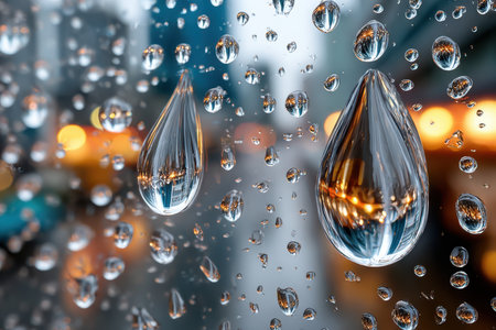 Closeup view of raindrops on a window, reflecting city lightsの写真素材