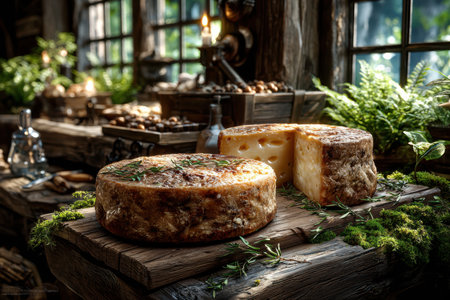 Two wheels of cheese with herbs on a rustic wooden tableの写真素材