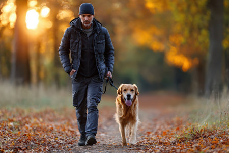 A man walks his golden retriever on a path through a colorful autumn forestの写真素材