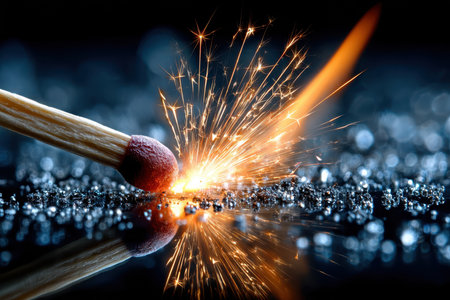 A close-up of a match being struck, under dramatic, focused light, with a sudden sparkの写真素材