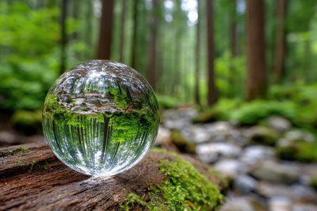 A crystal ball rests on a mossy log, reflecting a forest and streamの写真素材
