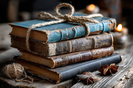 A collection of old, worn books tied together with twine rests on a weathered wooden table with flickering candles.の写真素材