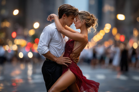 A couple performs an intimate dance in an urban setting as city lights create a romantic atmosphere.の写真素材