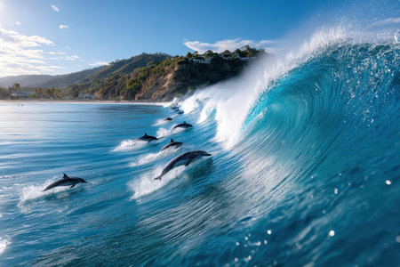 Dolphins ride a large ocean wave near a scenic coastlineの写真素材