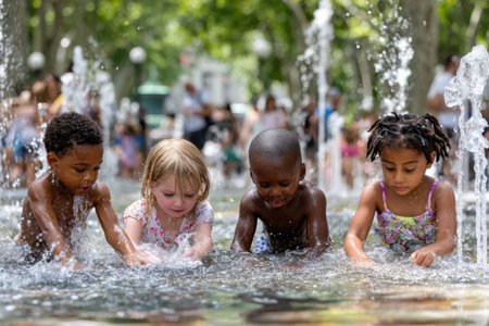 Four children splash and play in a fountain, enjoying a warm summer day at a vibrant park filled with families.の写真素材