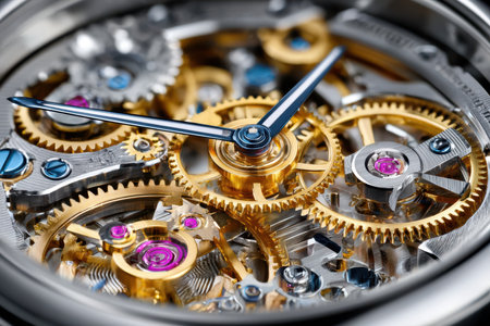 A macro shot of the intricate gears and mechanisms inside a watchの写真素材