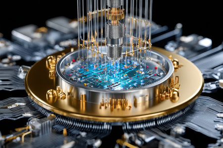 A detailed view of a quantum computer's core, showing complex circuitry and shiny metallic components.の写真素材