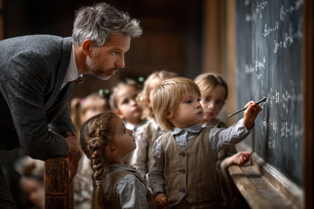 Children concentrate on math exercises as their teacher guides them in a classic school setting.の写真素材