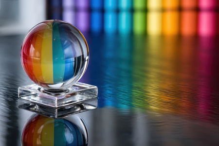 A glass sphere with colorful stripes rests on a clear base, reflecting a spectrum of vibrant hues.の写真素材