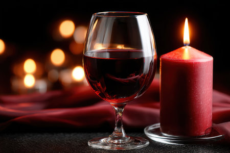 A glass of red wine and a lit candle create a cozy atmosphere on a dark tablecloth, perfect for relaxation.の写真素材