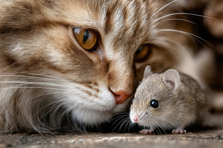 A cat and a mouse interact closely in a warm indoor atmosphere, showing an unexpected friendship.の写真素材