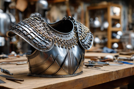 Intricate armor piece resting on a wooden table in a bustling workshop filled with tools and craftsmanship.の写真素材