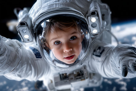 A young child in a space suit floats in zero gravity, gazing curiously at Earth from a distance.の写真素材