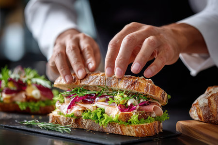 A chef carefully assembles a sandwich with layers of fresh vegetables and meats in a busy kitchen setting.の写真素材