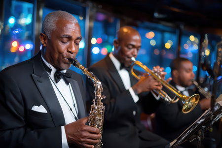 A jazz band performs live, with the saxophone and trumpet players in focusの写真素材