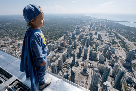 Young child dressed as a superhero looks out at the vast cityscape from a high rooftop on a clear day.の写真素材