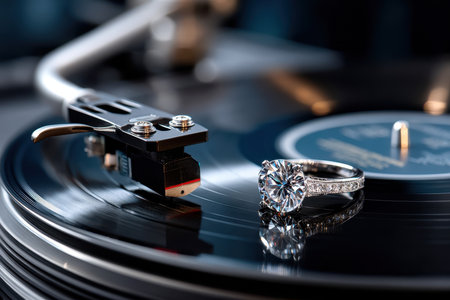 A diamond ring sits on a rotating vinyl record, with the record players needle approaching. The glossy black vinyl reflects the rings sparkle.の写真素材