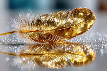 A minimalist shot of a single feather on a white background, conveying simplicity and elegance, under soft studio lighting, using a macro lens on a mirrorless cameraの写真素材