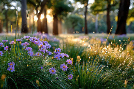 Purple wildflowers bloom in dewy grass at sunrise in a peaceful meadowの写真素材