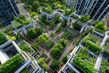 Aerial view of a green rooftop garden on a modern urban buildingの写真素材