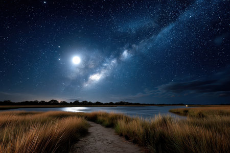 A tranquil marsh at night under a bright moon and a starfilled skyの写真素材