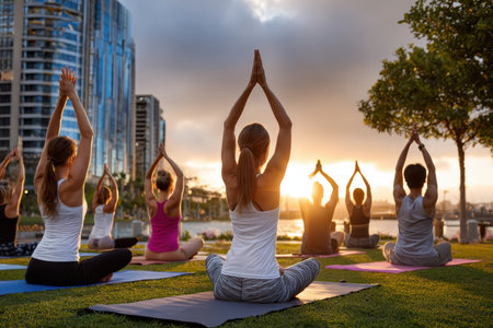 Participants enjoy a peaceful yoga session on mats as the sun sets behind city buildings.の写真素材